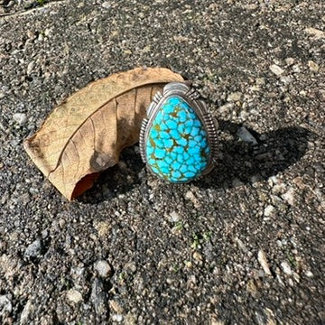 Navajo Sterling Silver Webbed Kingman Turquoise Ring Signed by Allen Lee