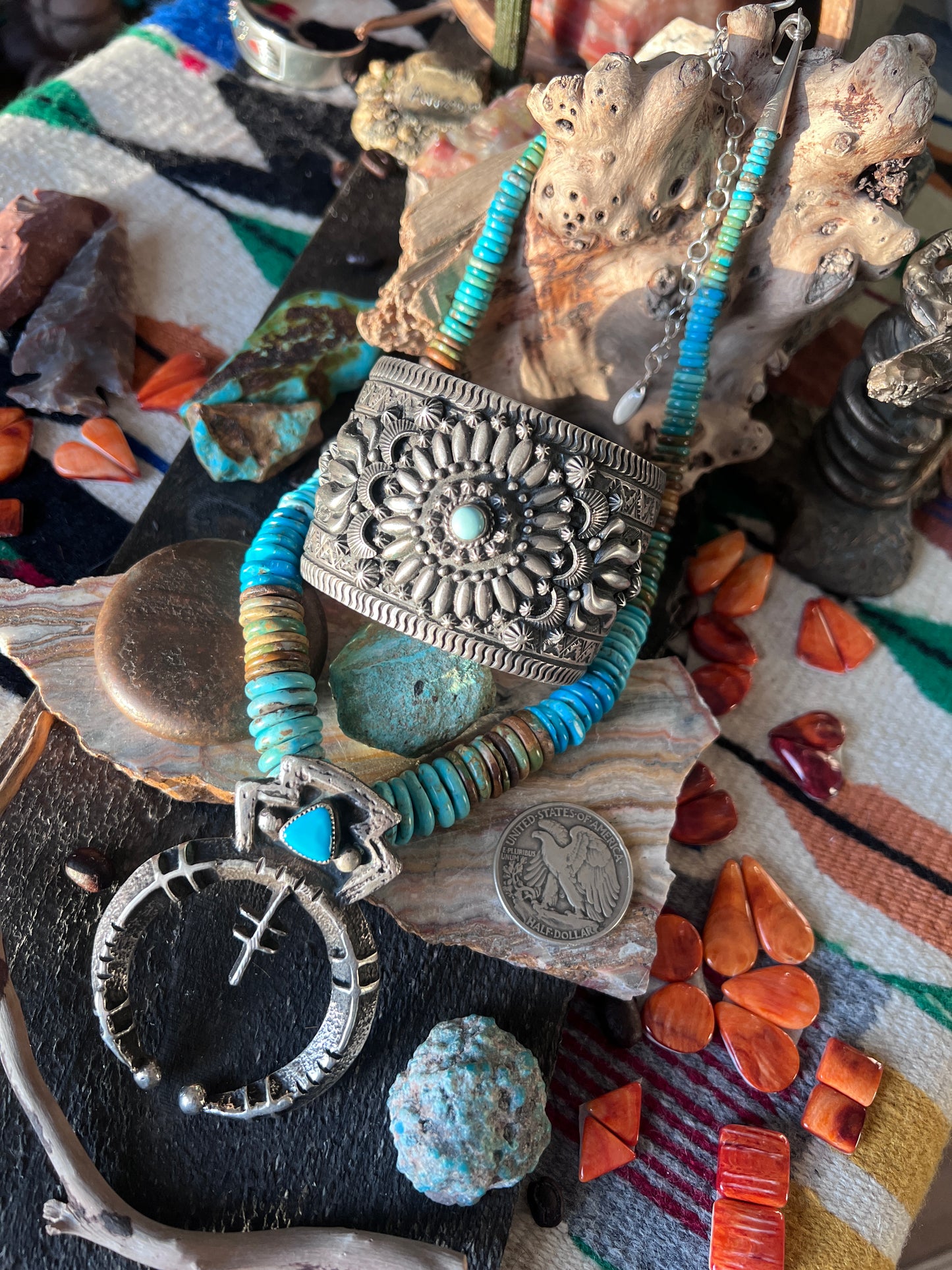 Darryl Becenti Sterling Silver Stamped & Appliqué Cuff Bracelet w/ Dry Creek Turquoise Accent