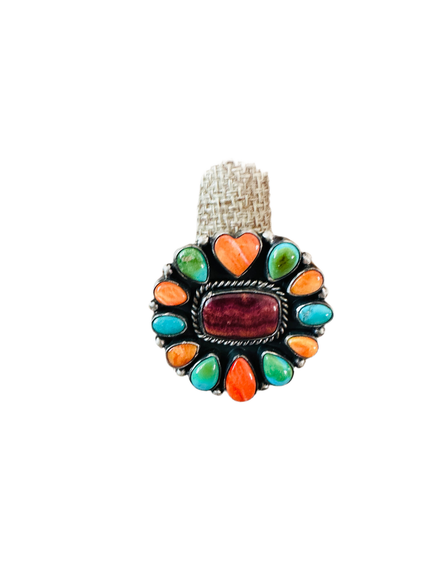 Navajo Electric Rainbow Sterling Silver, Turquoise & Spiny Ring by Bernyse Chavez and Angela Martin, Size 9