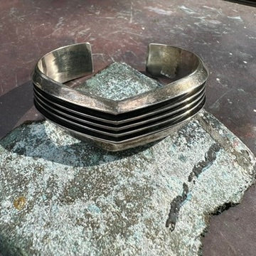 Vintage Navajo Made Sterling Silver V Shape Cuff Bracelet, signed by Tom Hawk