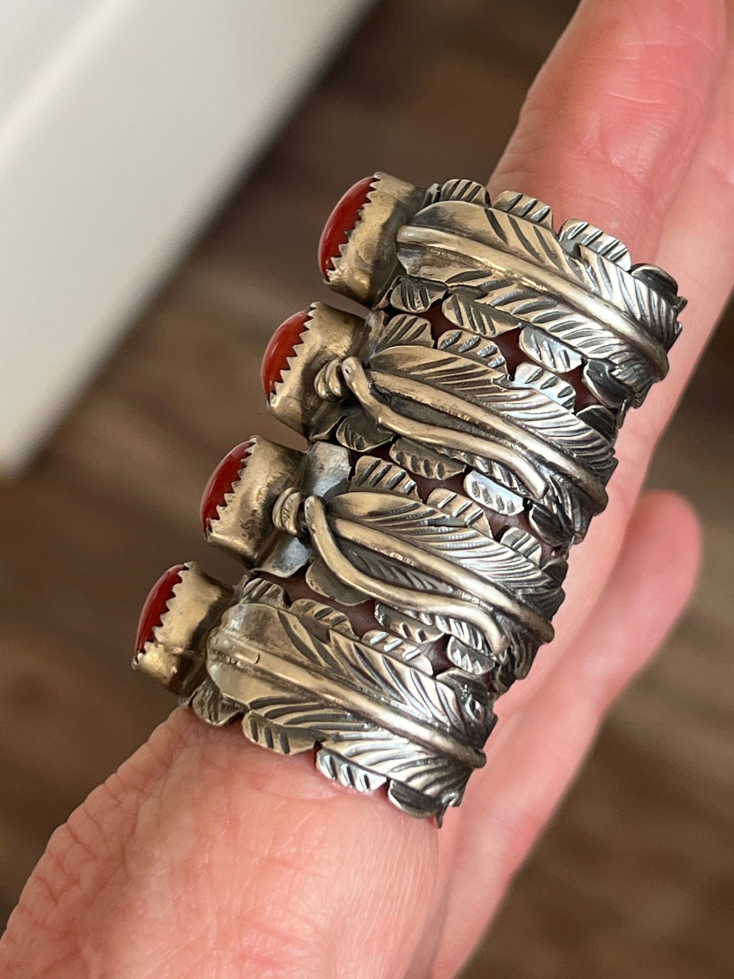 Navajo Sterling Silver Stout Feather Rings with Mediterranean Coral, Signed KM