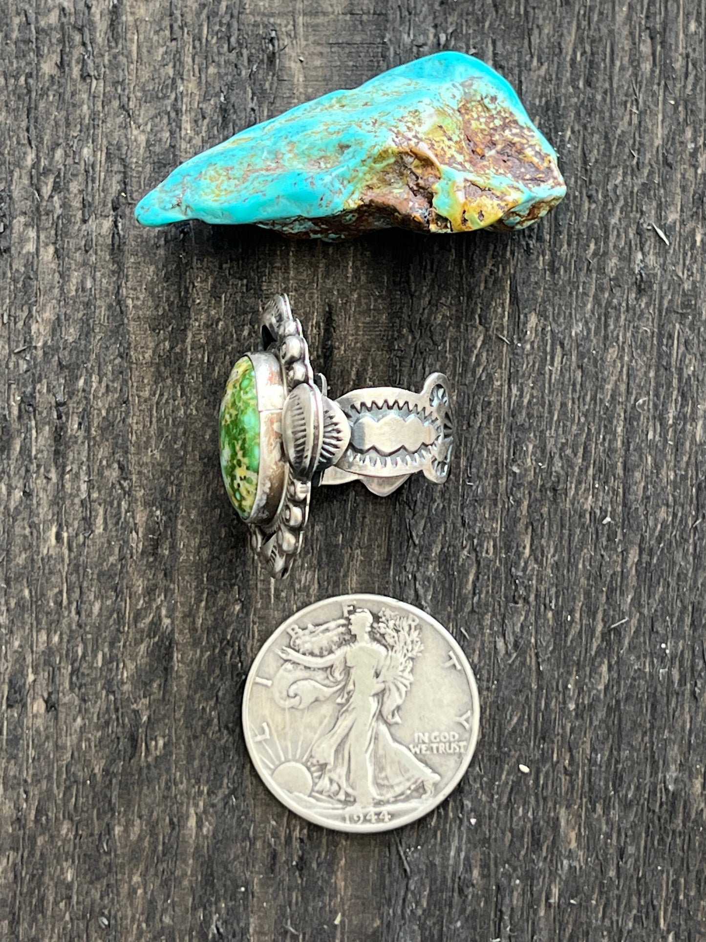 Navajo Sterling Silver and Royston Turquoise Single Stone Ring by Gilbert Tom, Size 9.5