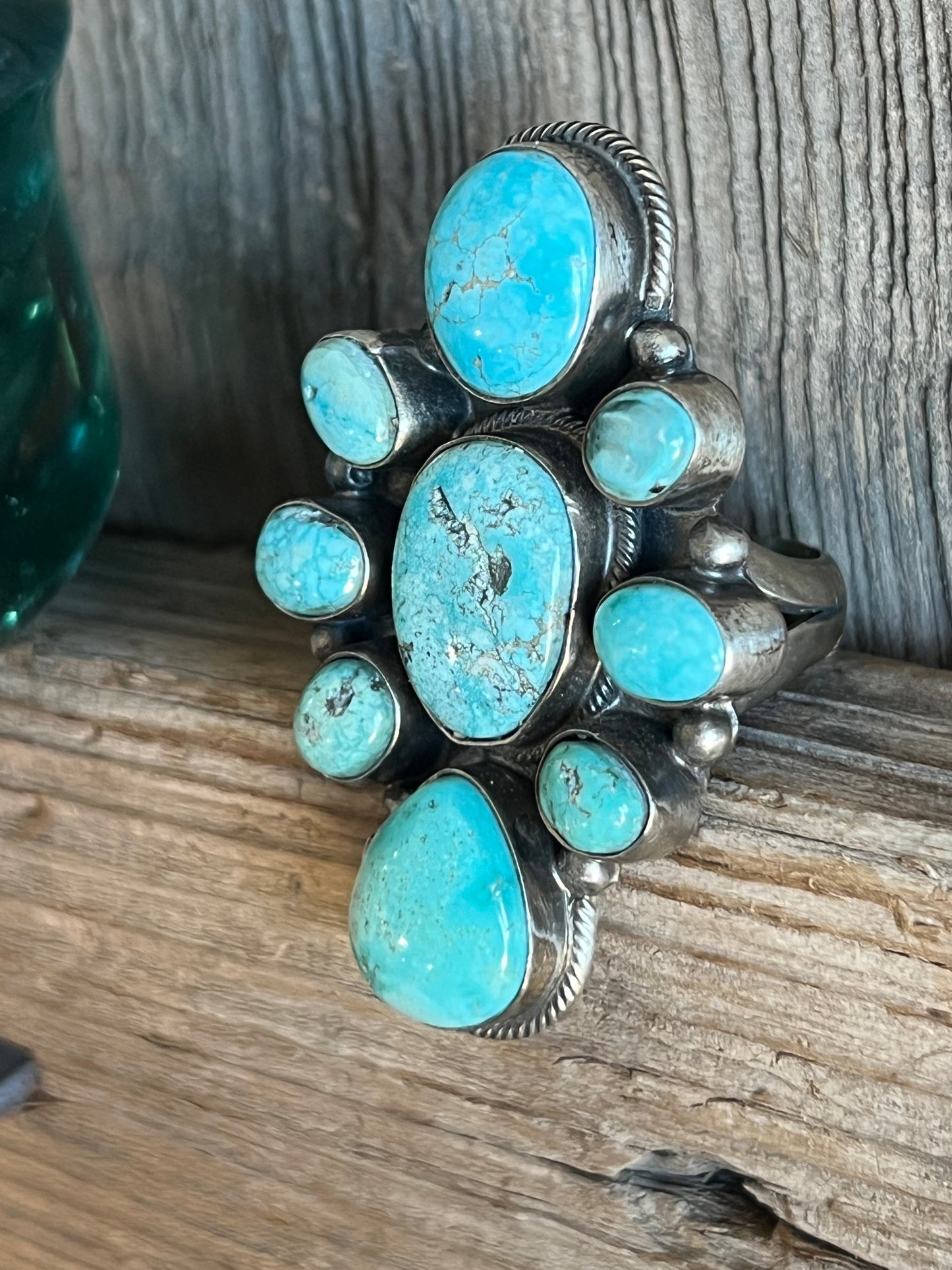 Navajo Sterling Silver and Natural Campitos Turquoise Cluster Ring by Sheila Becenti, Size 8.75