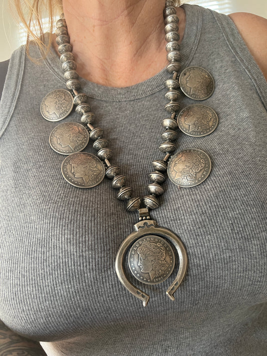 Buffalo Dancer Morgan Dollar Squash Blossom Style Necklace