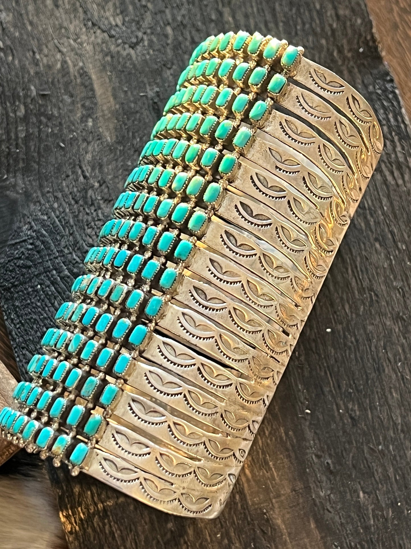 Epic Navajo Made 15 Row Sterling Silver and Turquoise Gauntlet Style Cuff Bracelet