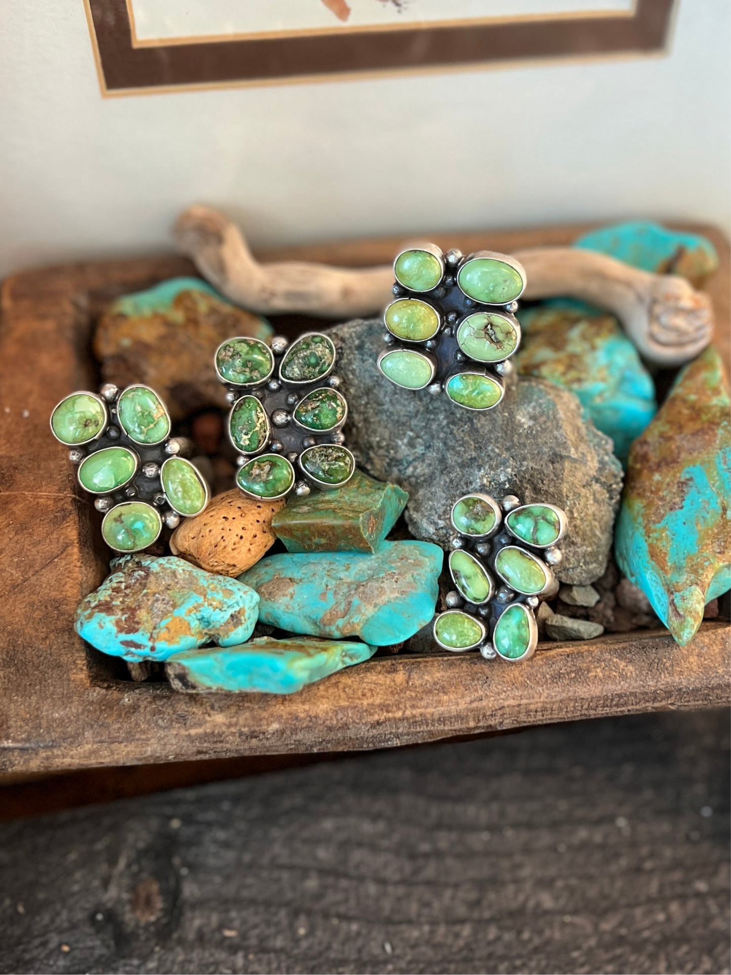 Navajo Sterling Silver and Sonoran Gold Turquoise Cluster Rings by Travis Jim, Size 8