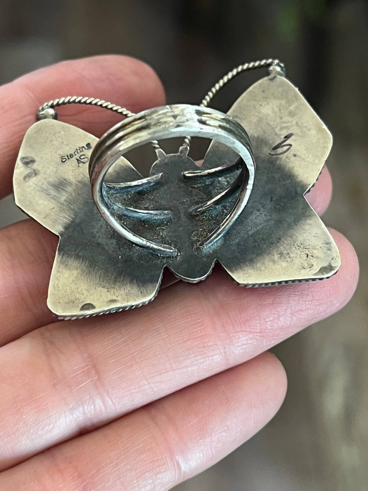 Old Pawn Navajo Sterling Silver and Purple Spiny Oyster Butterfly Ring by Anthony Skeets, Size 11