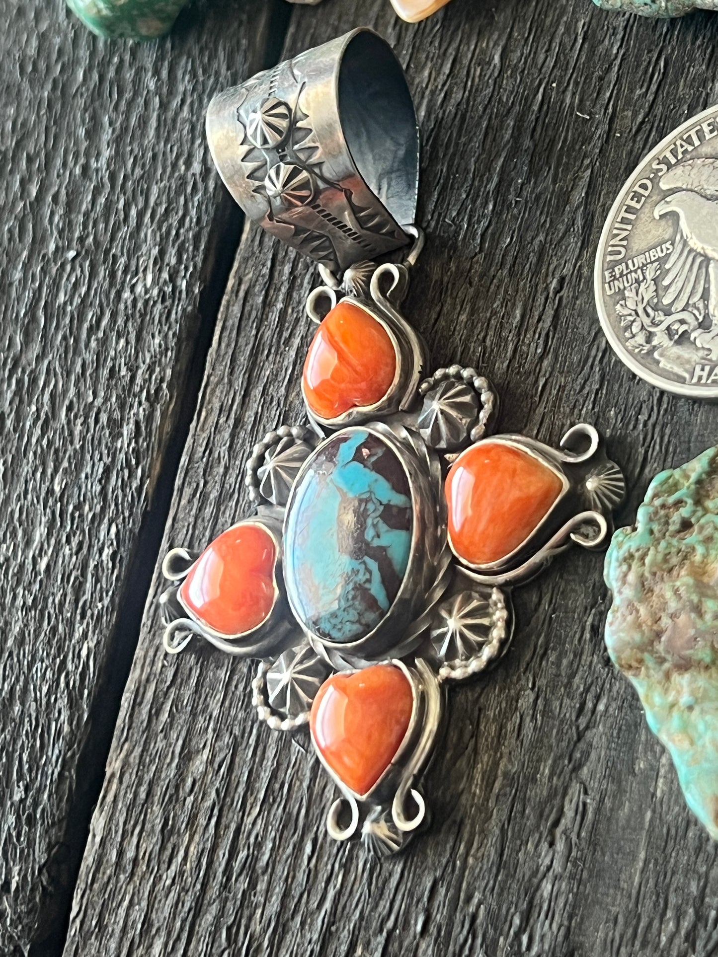 Rosella Paxson Sterling Silver, Spiny Oyster Shell and Egyptian Turquoise Cluster Pendant