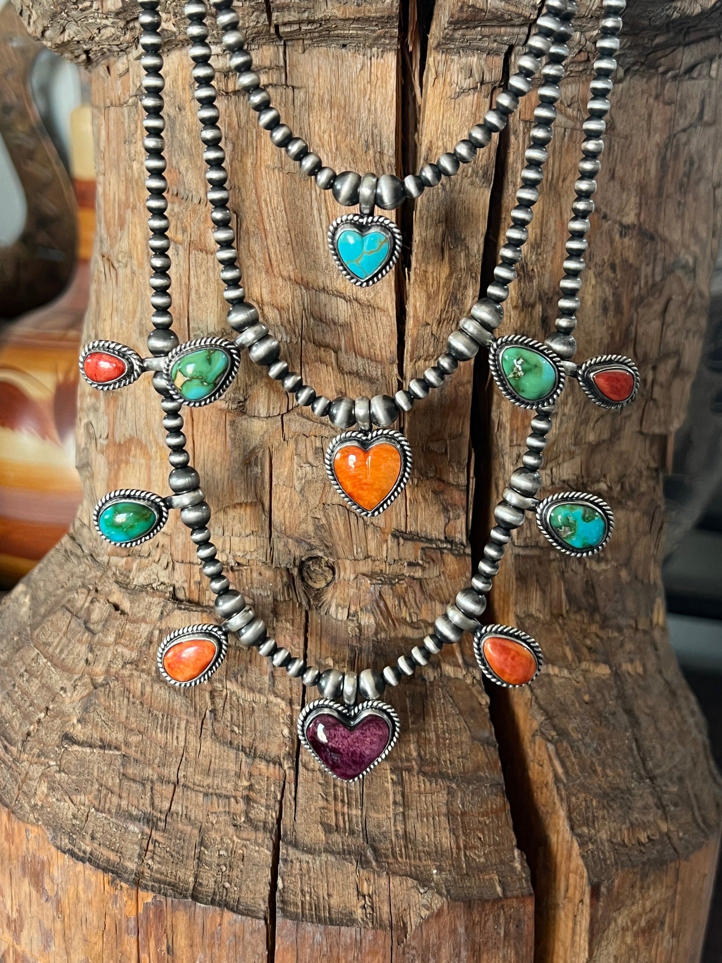 Navajo Made Sterling Silver Electric Rainbow Triple Layer Beaded Drop & Heart Necklace by Loretta Delgarito