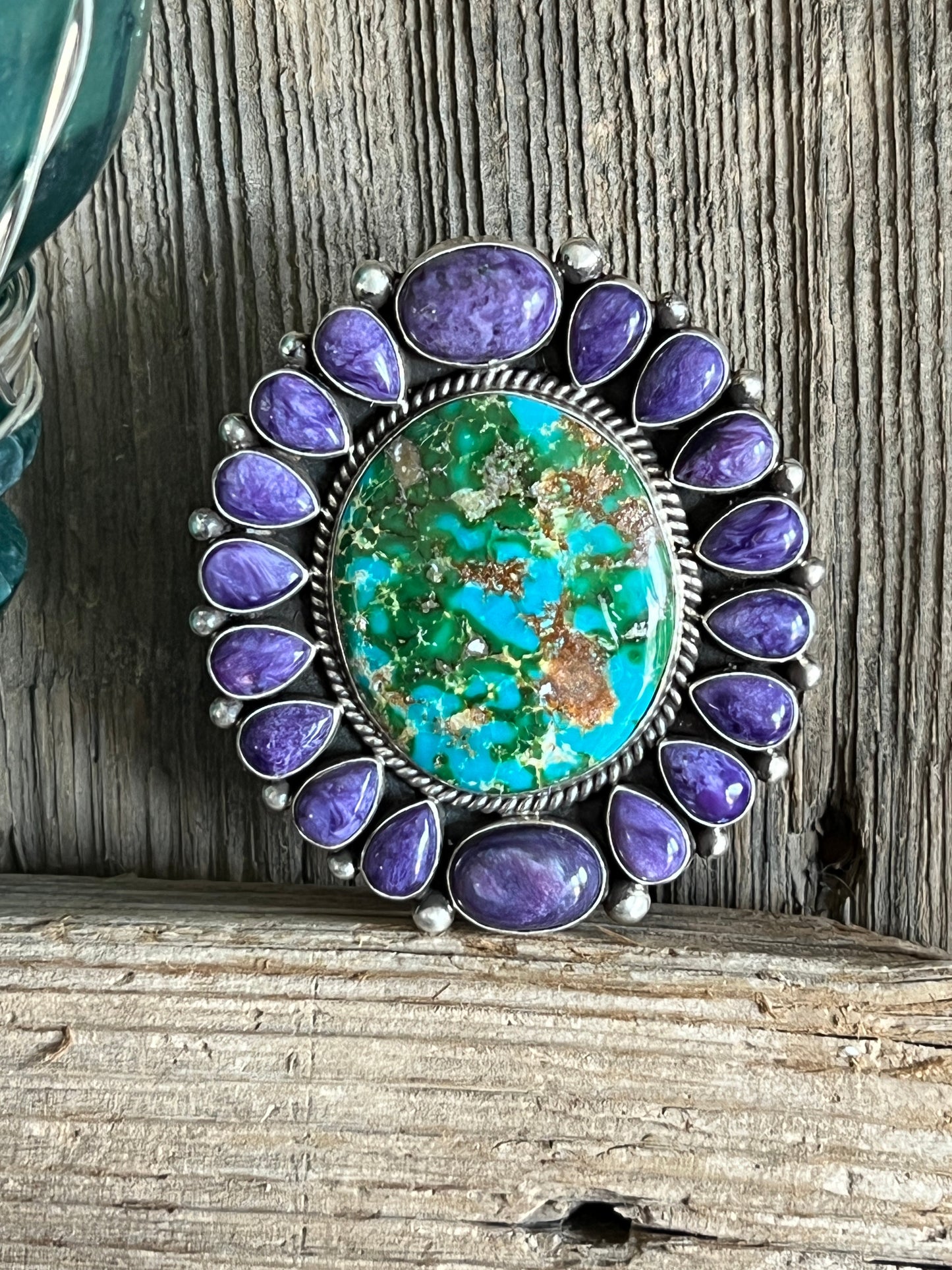 Navajo Sterling Silver, Sonoran Turquoise and Charoite Cluster Ring by Tyler Brown: Adjustable