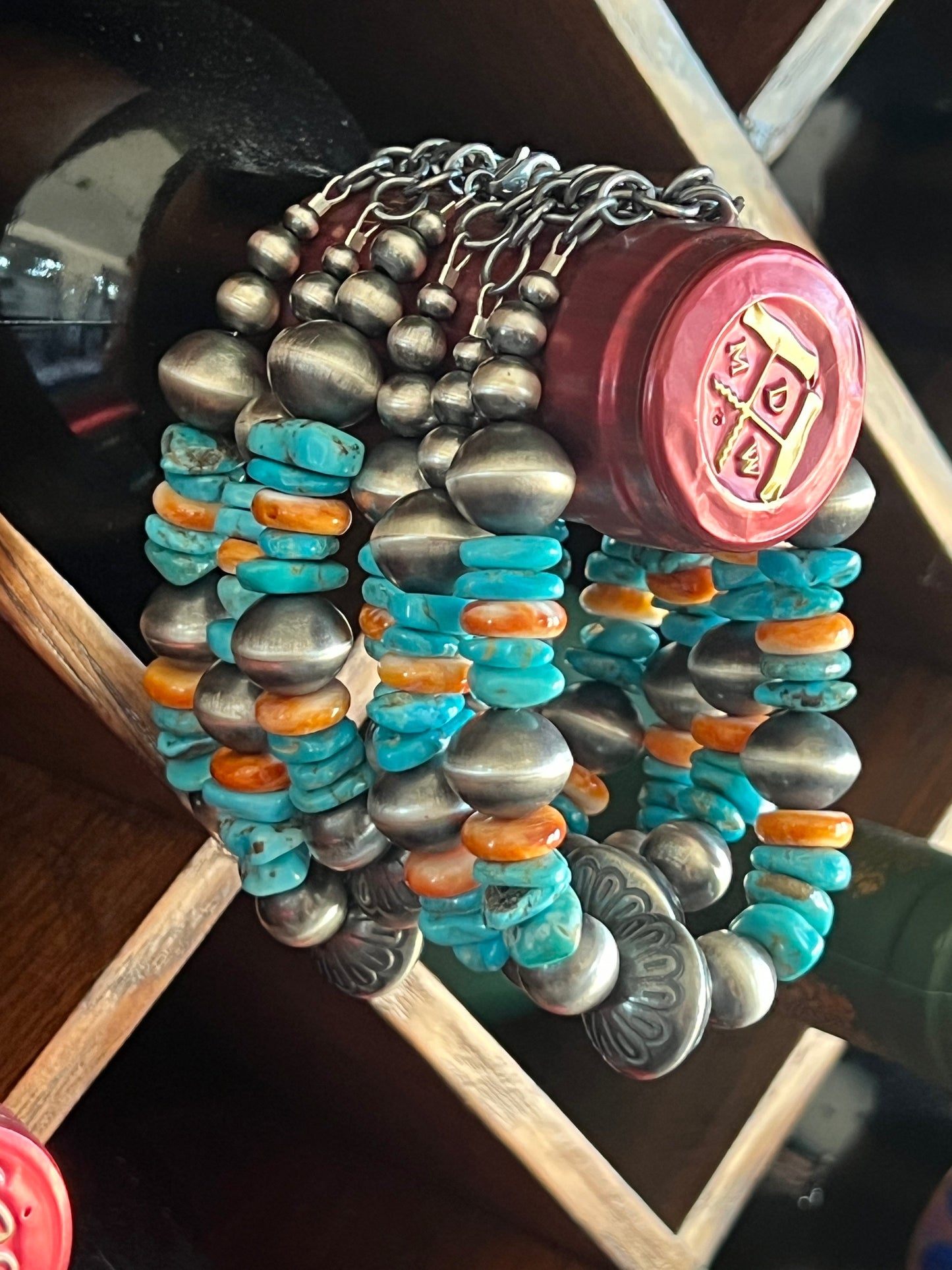 Navajo Made Chunky Sterling Silver, Turquoise and Spiny Oyster Shell Beaded Bracelet, Adjustable