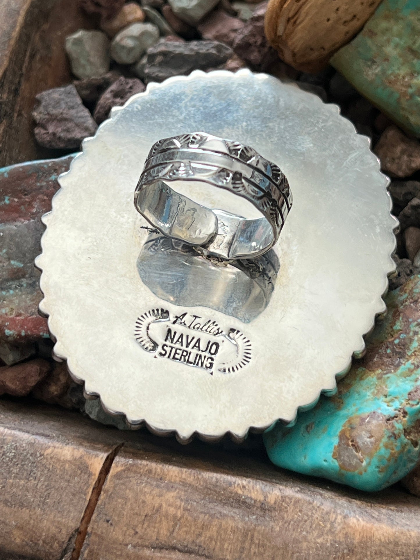 Navajo Cobblestone Kingman Turquoise and Pink Conch Cluster Ring by Aaron Tallis, Adjustable
