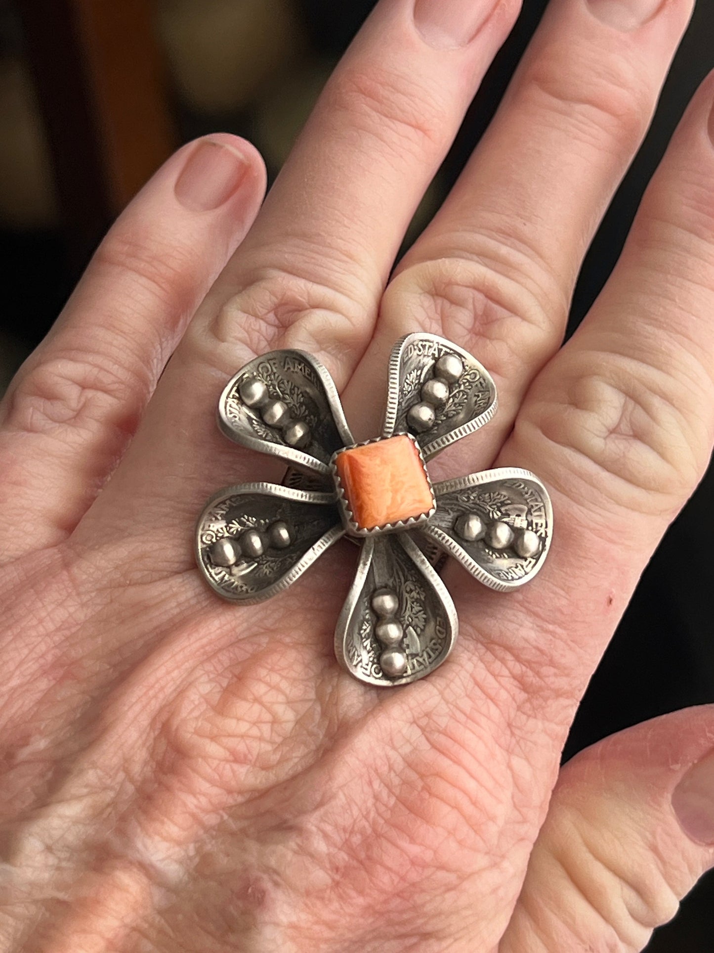Navajo Sterling and Coin Silver Mercury Dime Flower Ring with Orange Spiny Oyster by James Begay, Adjustable