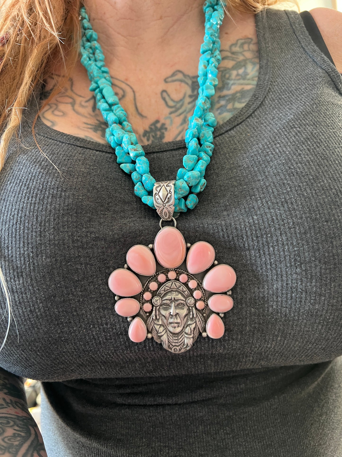 Navajo Sterling Silver Pink Conch Chief and Triple Strand Turquoise Nugget Bead Necklace by Patrick Yazzie