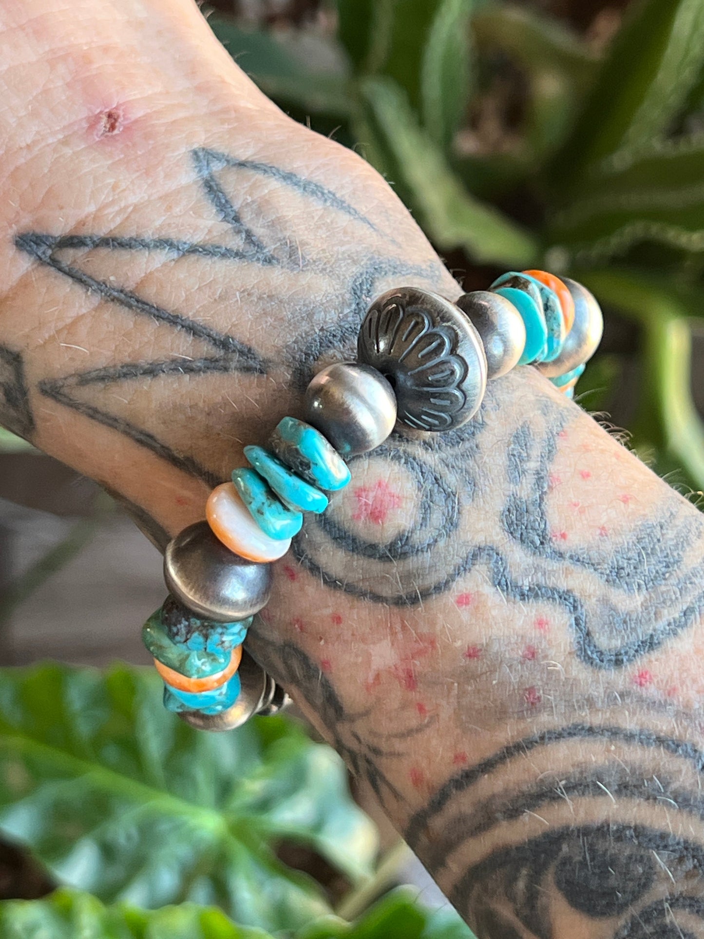 Navajo Made Chunky Sterling Silver, Turquoise and Spiny Oyster Shell Beaded Bracelet, Adjustable