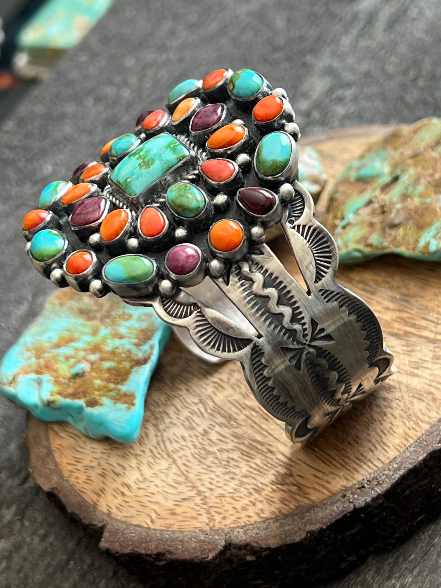 Navajo Sterling Silver Electric Rainbow Sonoran Turquoise and Spiny Oyster Cluster Cuff Bracelet by Murphy Platero