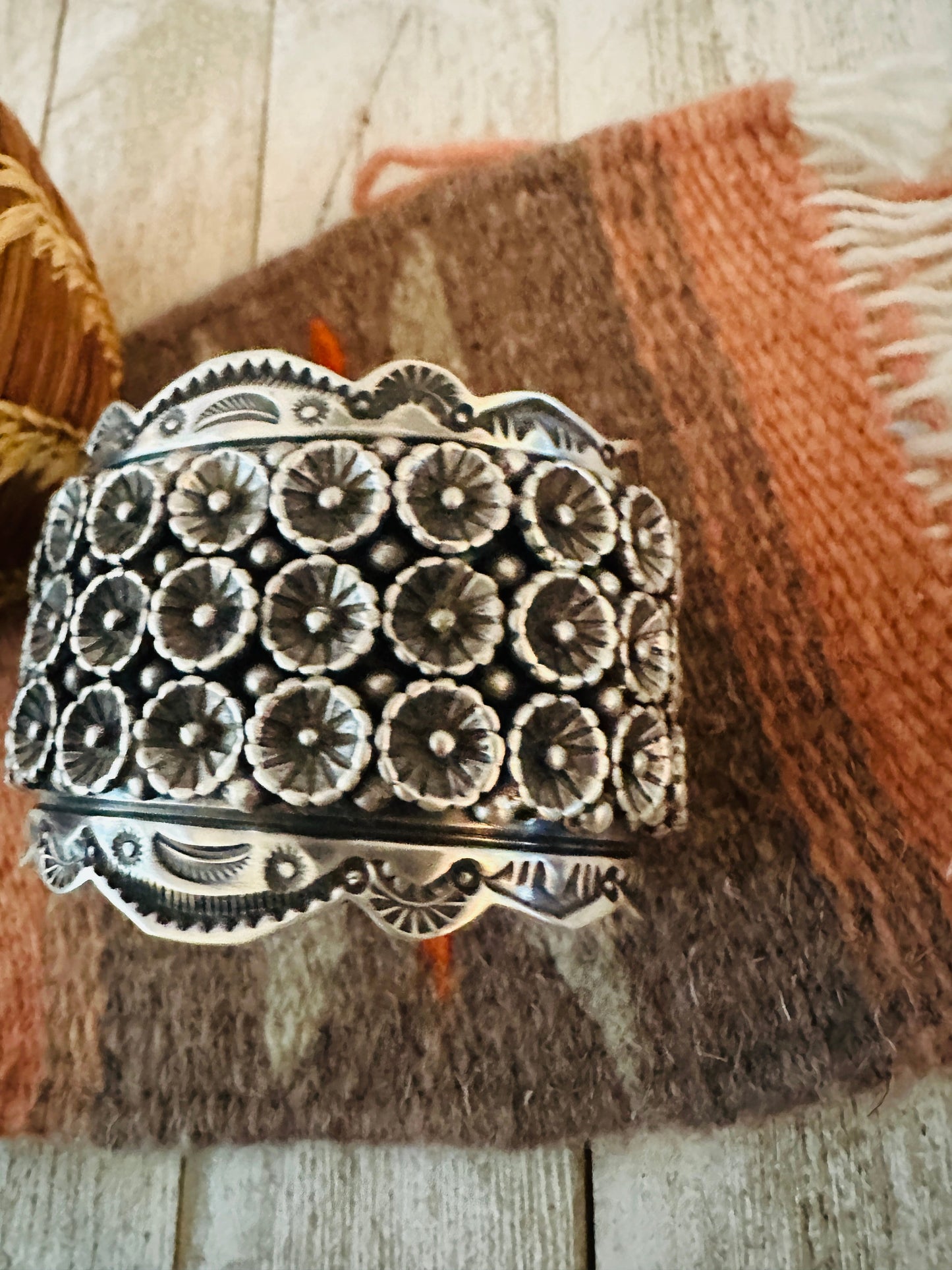 Navajo Hand Stamped Sterling Silver Flower Cuff Bracelet By Leroy James
