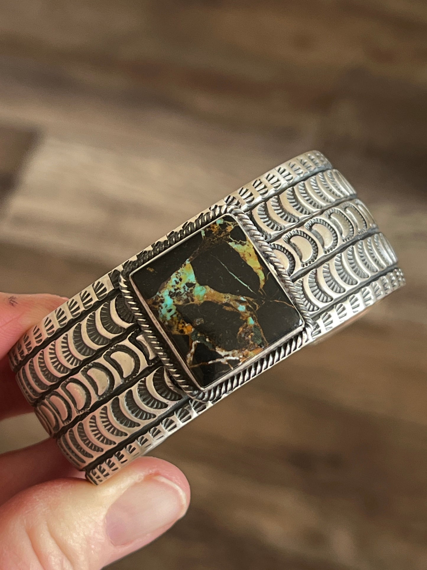 Navajo Sterling Silver and Blackjack Turquoise Hand Stamped Cuff Bracelet by Randy Boyd