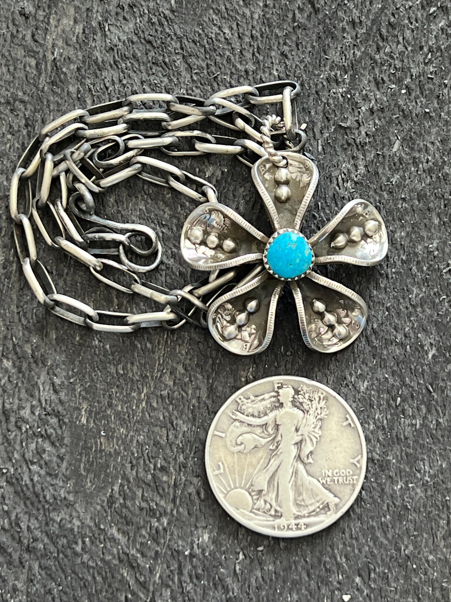 Navajo Sterling and Coin Silver Mercury Dime Flower Pendant with Turquoise on Handmade Chain by James Begay