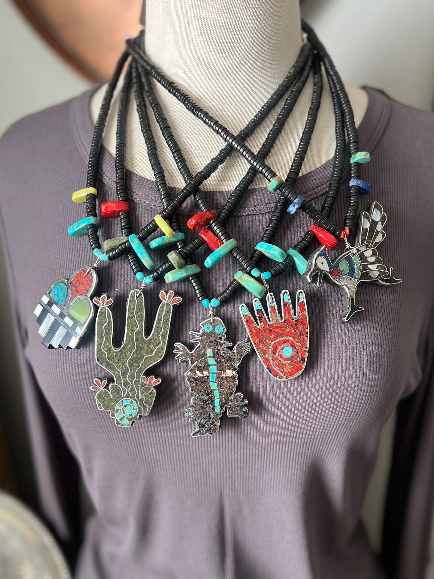 Kewa Made Sterling Silver and Inlaid Stone Horned Toad Desert Dreamer Necklace by Warren Nieto