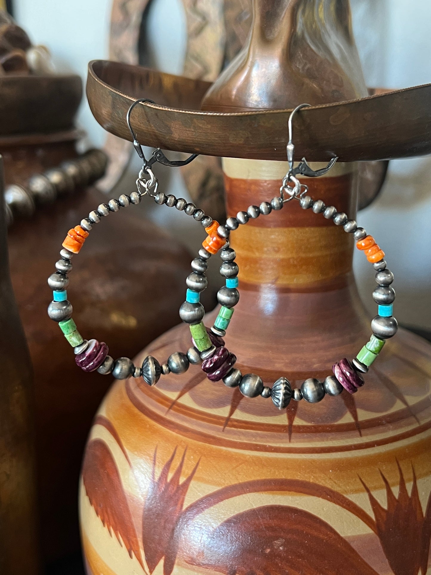 Navajo Made Electric Rainbow 2 Inch Sterling Silver, Turquoise & Spiny Oyster Beaded Hoop Earrings, Leverback