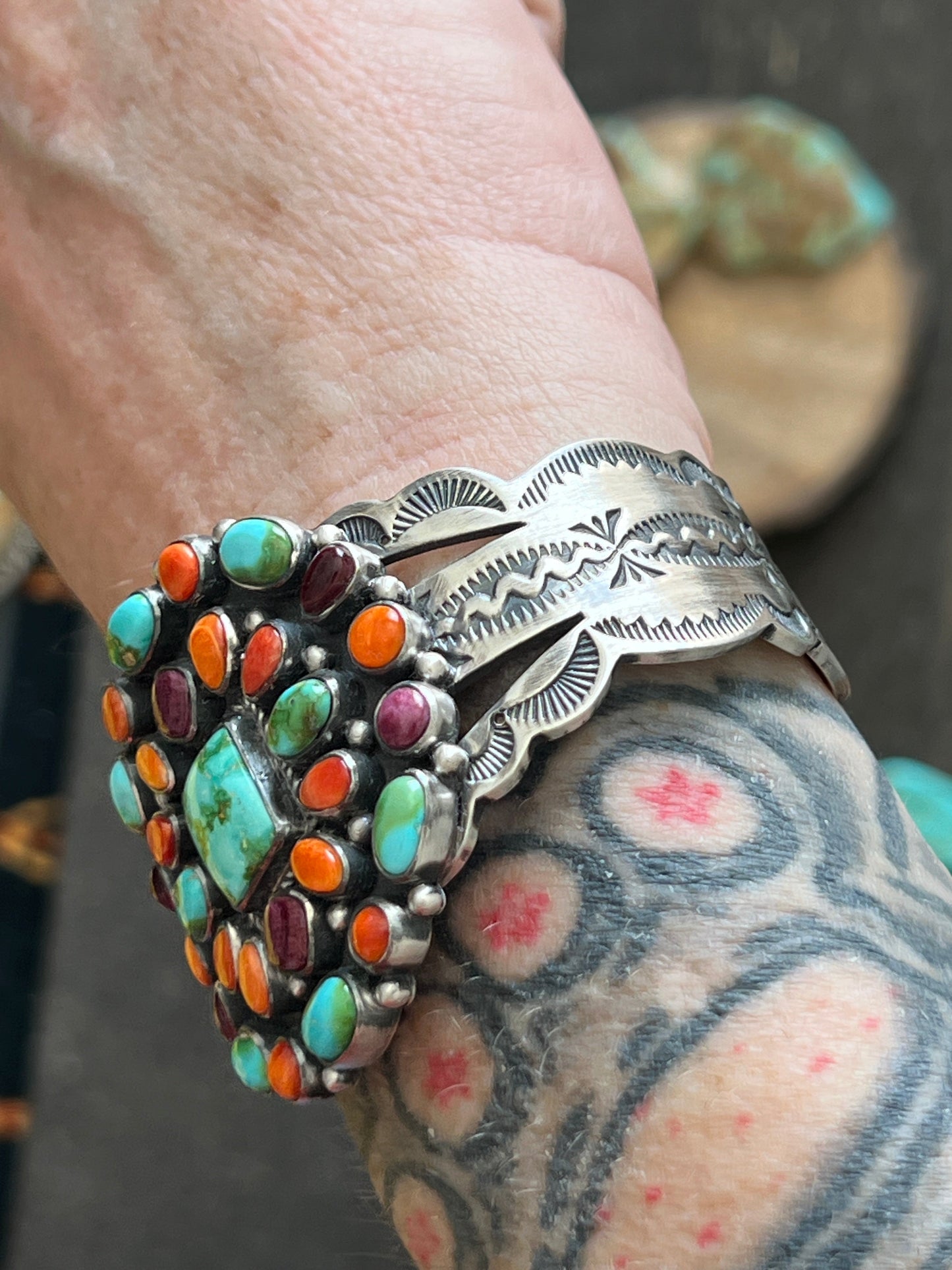 Navajo Sterling Silver Electric Rainbow Sonoran Turquoise and Spiny Oyster Cluster Cuff Bracelet by Murphy Platero