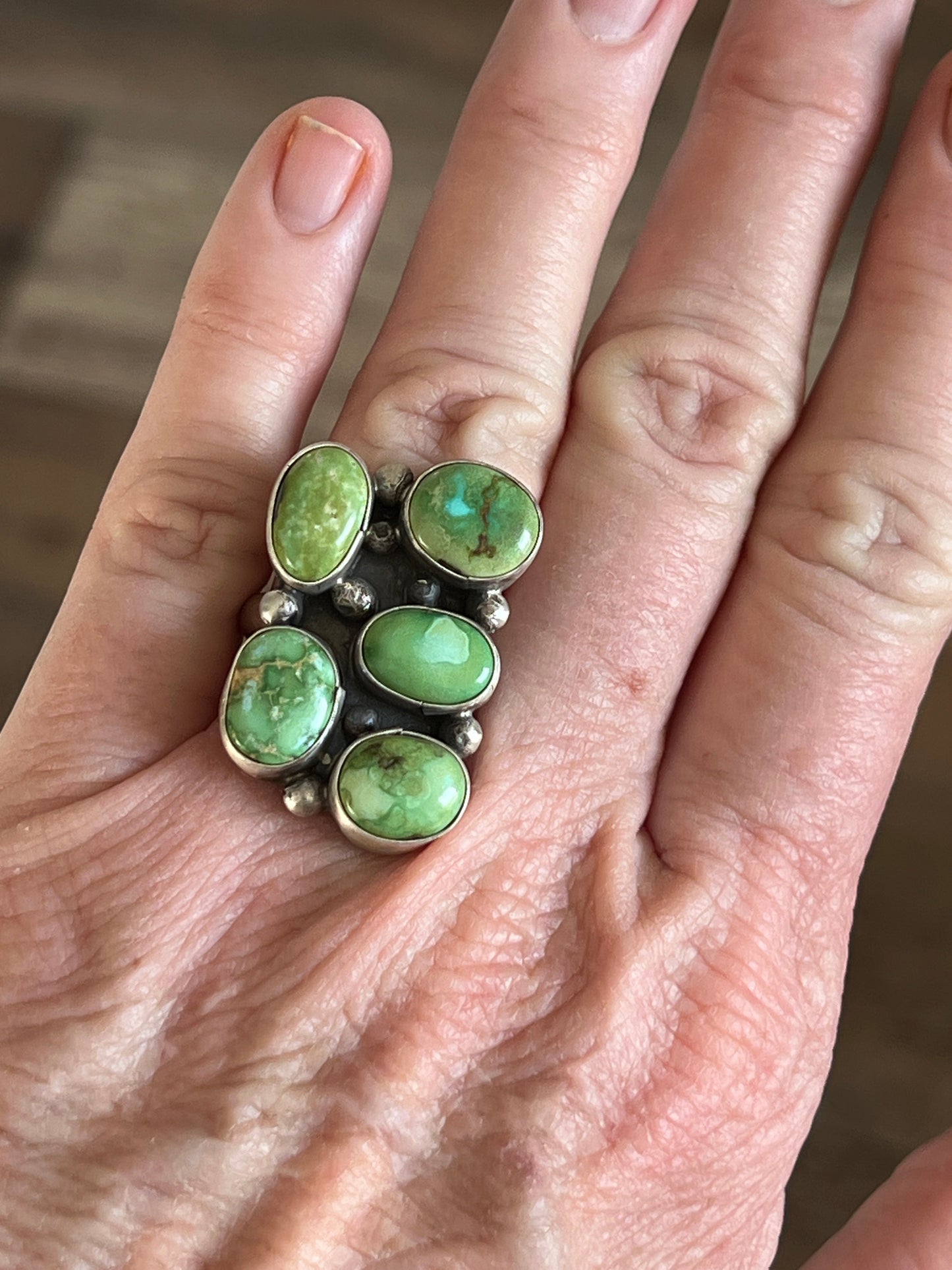 Navajo Sterling Silver and Sonoran Gold Turquoise Cluster Rings by Travis Jim, Size 8