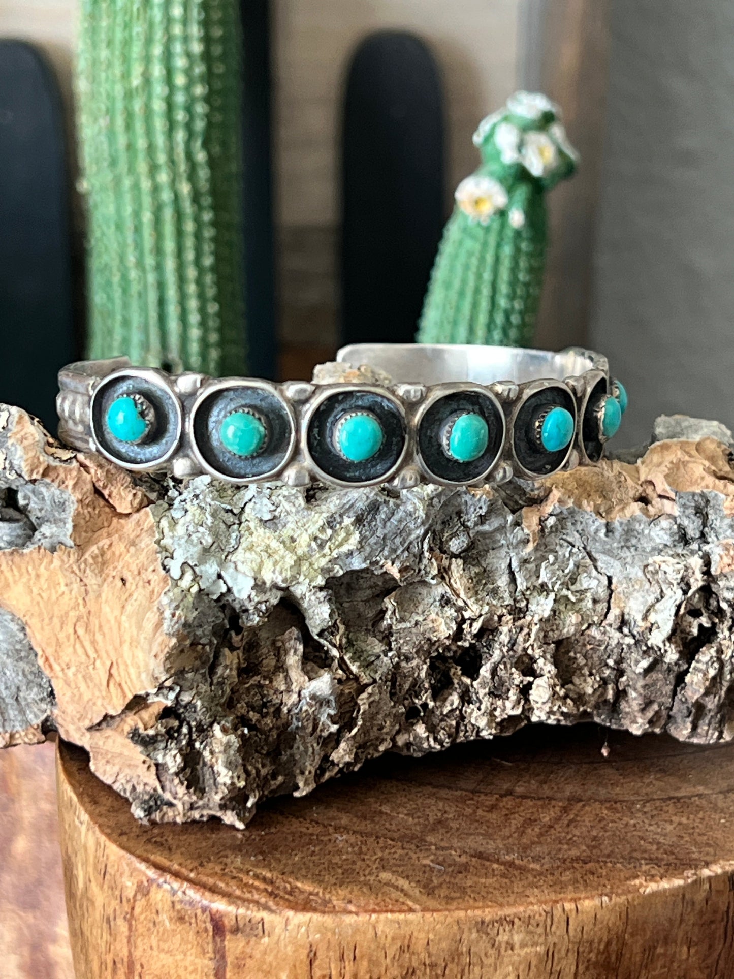 Vintage Zuni Sterling Silver and Round Turquoise Panel Stacker Cuff Bracelet