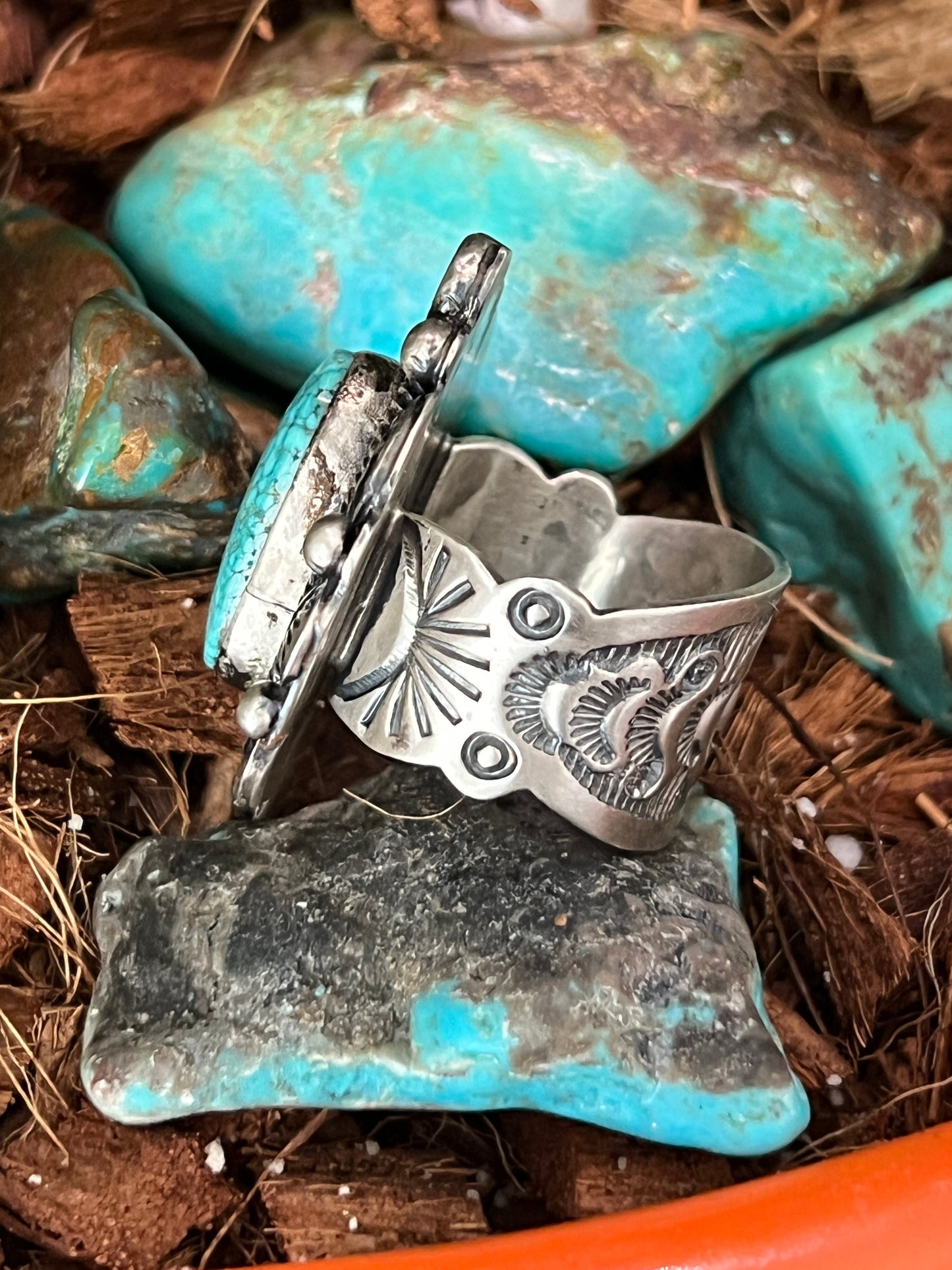 Navajo Sterling Silver and Natural Kingman Web Ring by Boyd Ashley, Size 8