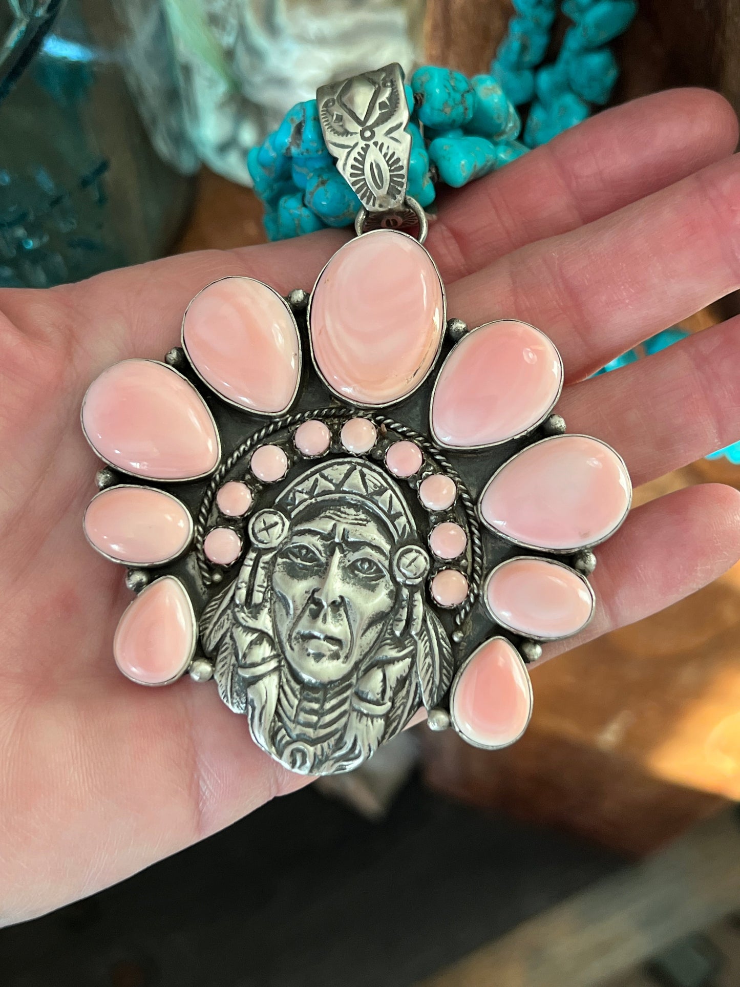 Navajo Sterling Silver Pink Conch Chief and Triple Strand Turquoise Nugget Bead Necklace by Patrick Yazzie