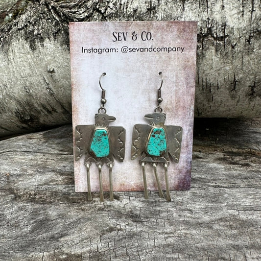 Native Made Turquoise and Sterling Silver Fringe Thunderbird Earrings by Vernon Begay
