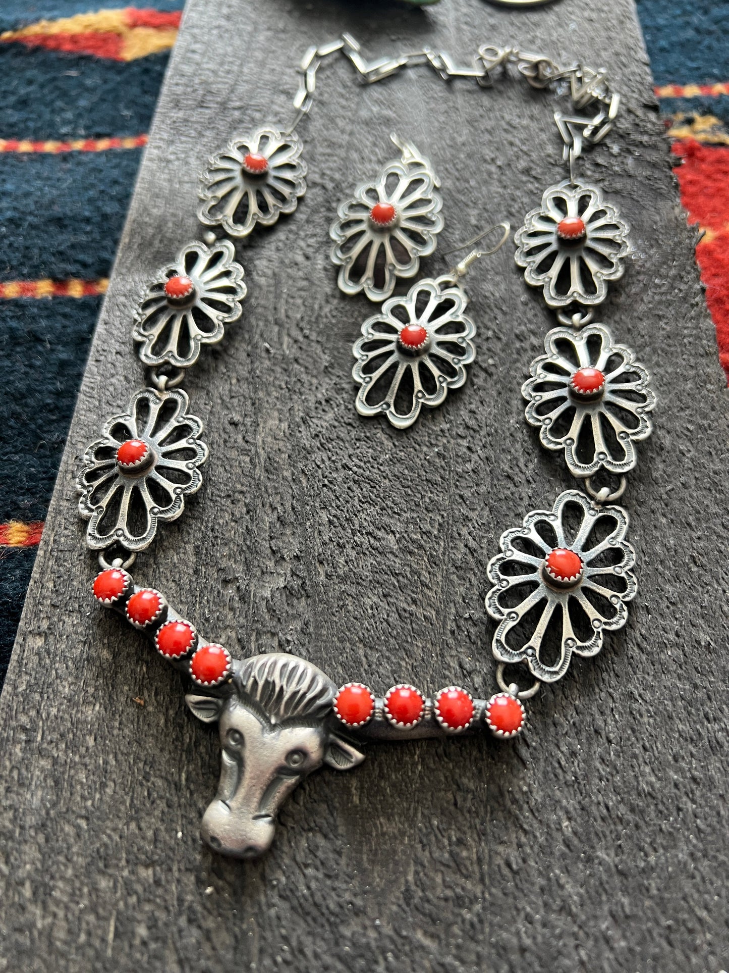 Navajo Sterling Silver and Mediterranean Coral Steer Head Concho Necklace & Earrings by Kevin Billah