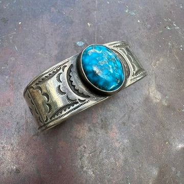 Native Made Sterling Silver and Turquoise Heavy Gauge Cuff Bracelet by Al & Kimari Somers