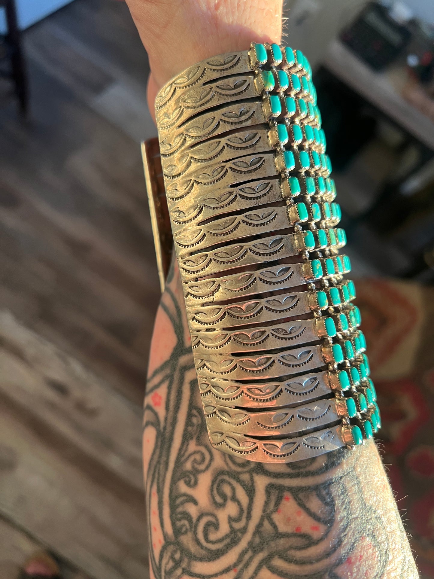 Epic Navajo Made 15 Row Sterling Silver and Turquoise Gauntlet Style Cuff Bracelet