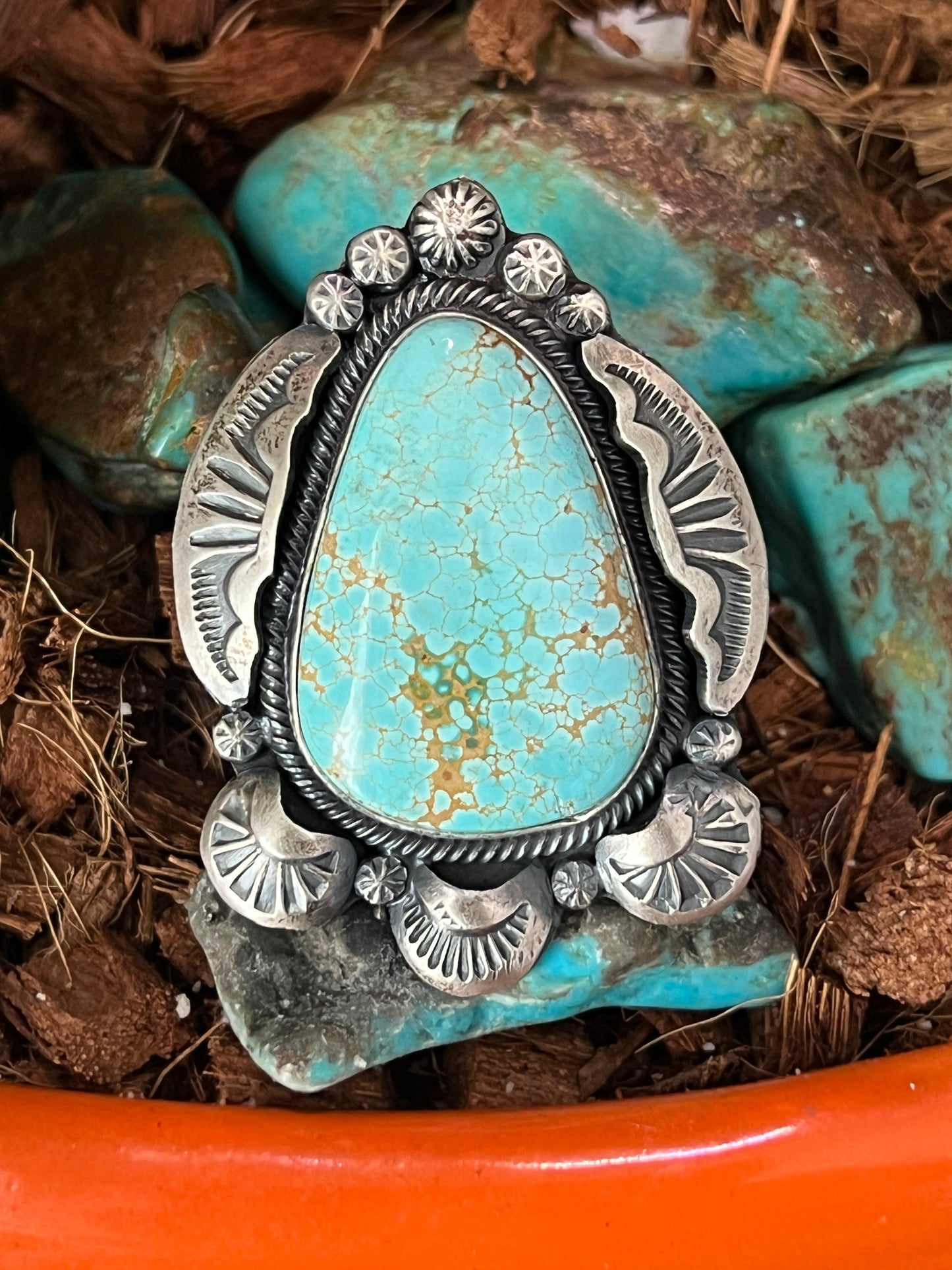 Sterling Silver and Number 8 Turquoise Ring by Gilbert Tom, Navajo, Size 6.5