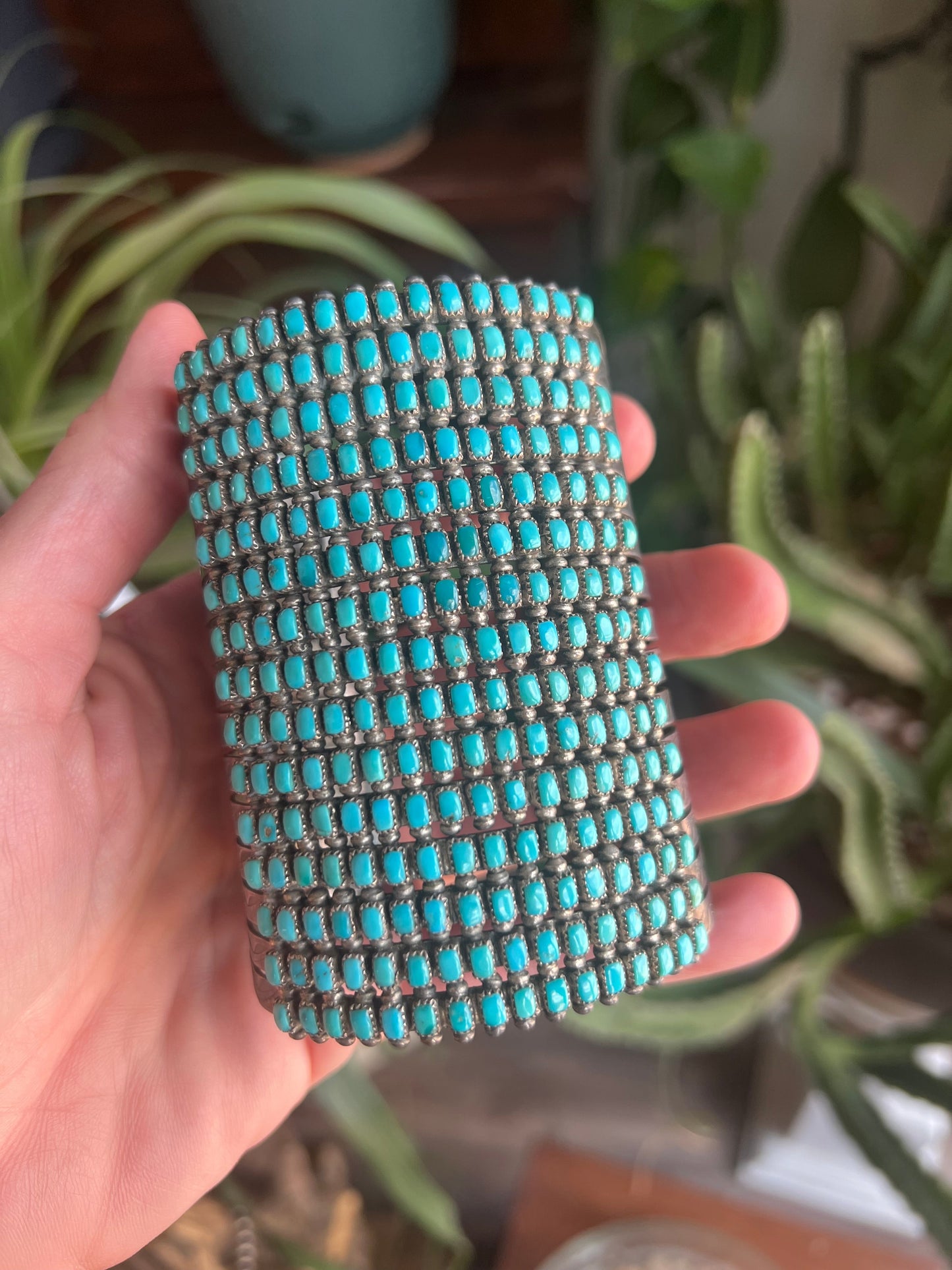 Stunning Old Pawn 15 Row Zuni Sterling Silver & Turquoise Gauntlet Style Cuff Bracelet by Clark Couyancy
