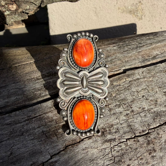 Apache Rosella Paxson Double Spiny Oyster and Sterling Silver Butterfly Concho Ring