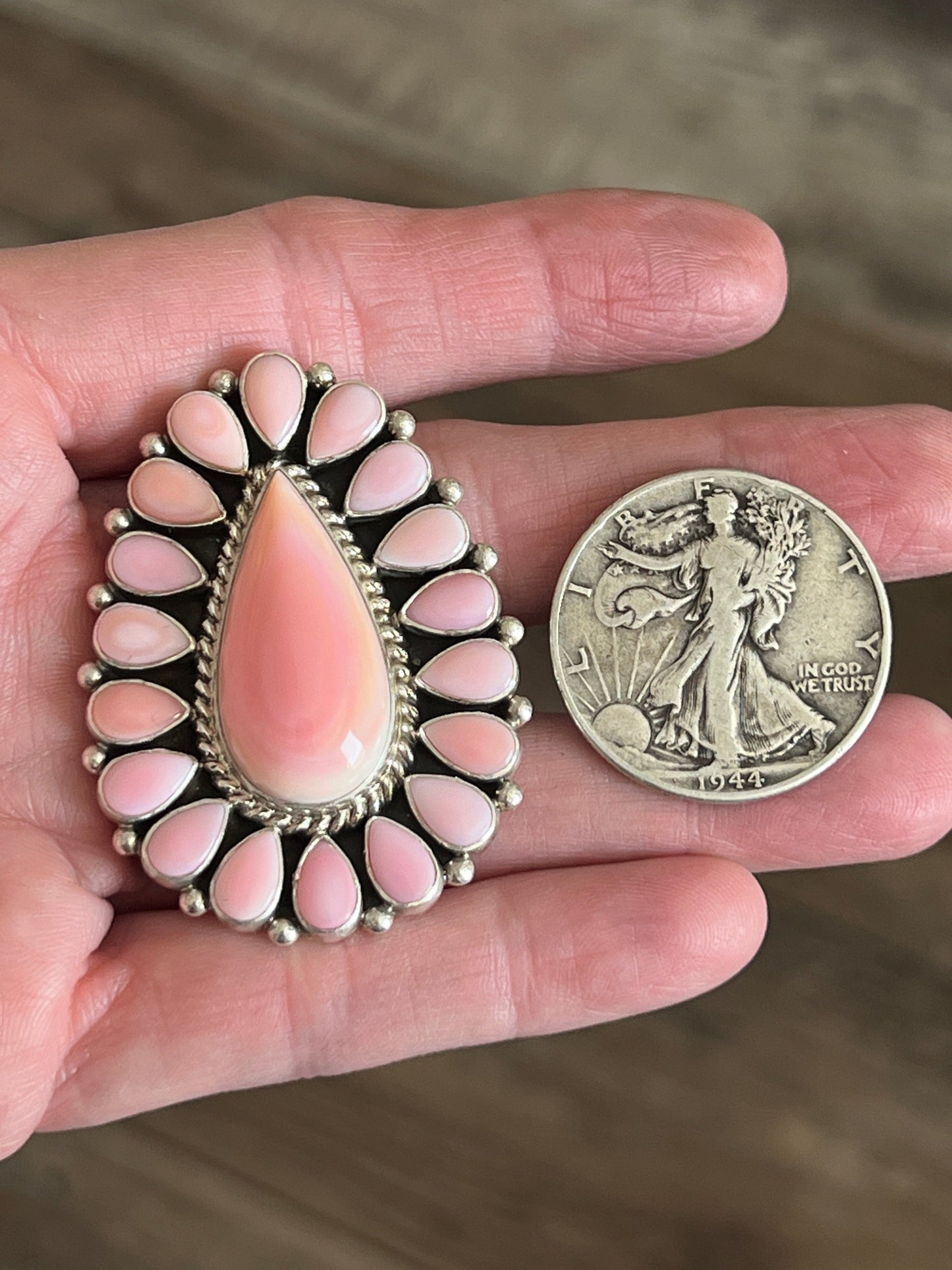 Navajo Sterling Silver and Tear Drop Queen Pink Conch Shell Cluster Ring by Aaron Tallis, Adjustable