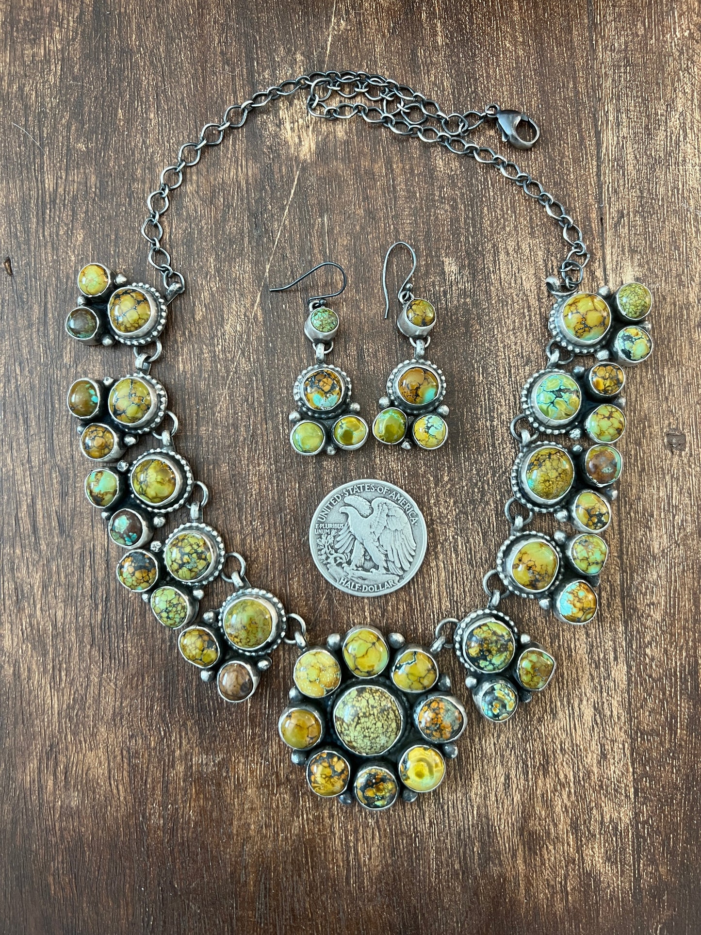 Fabulous Navajo Sterling Silver and Blue Moon Turquoise Cluster Necklace and Earrings Set by Bobby Johnson
