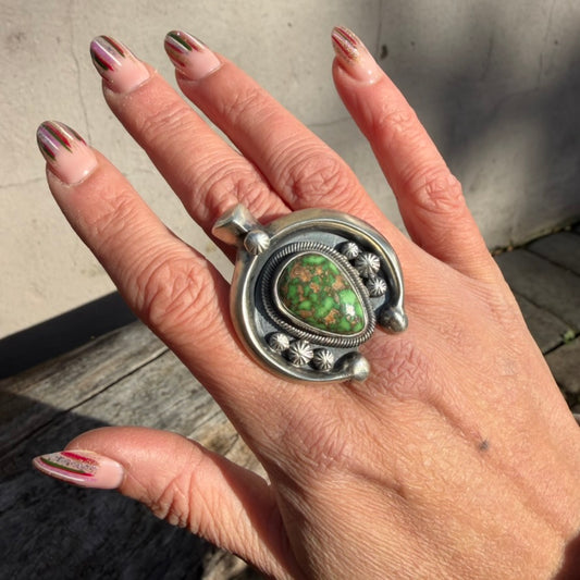 Navajo Sterling Silver Adjustable Royston Turquoise Naja Ring by Leon Martinez