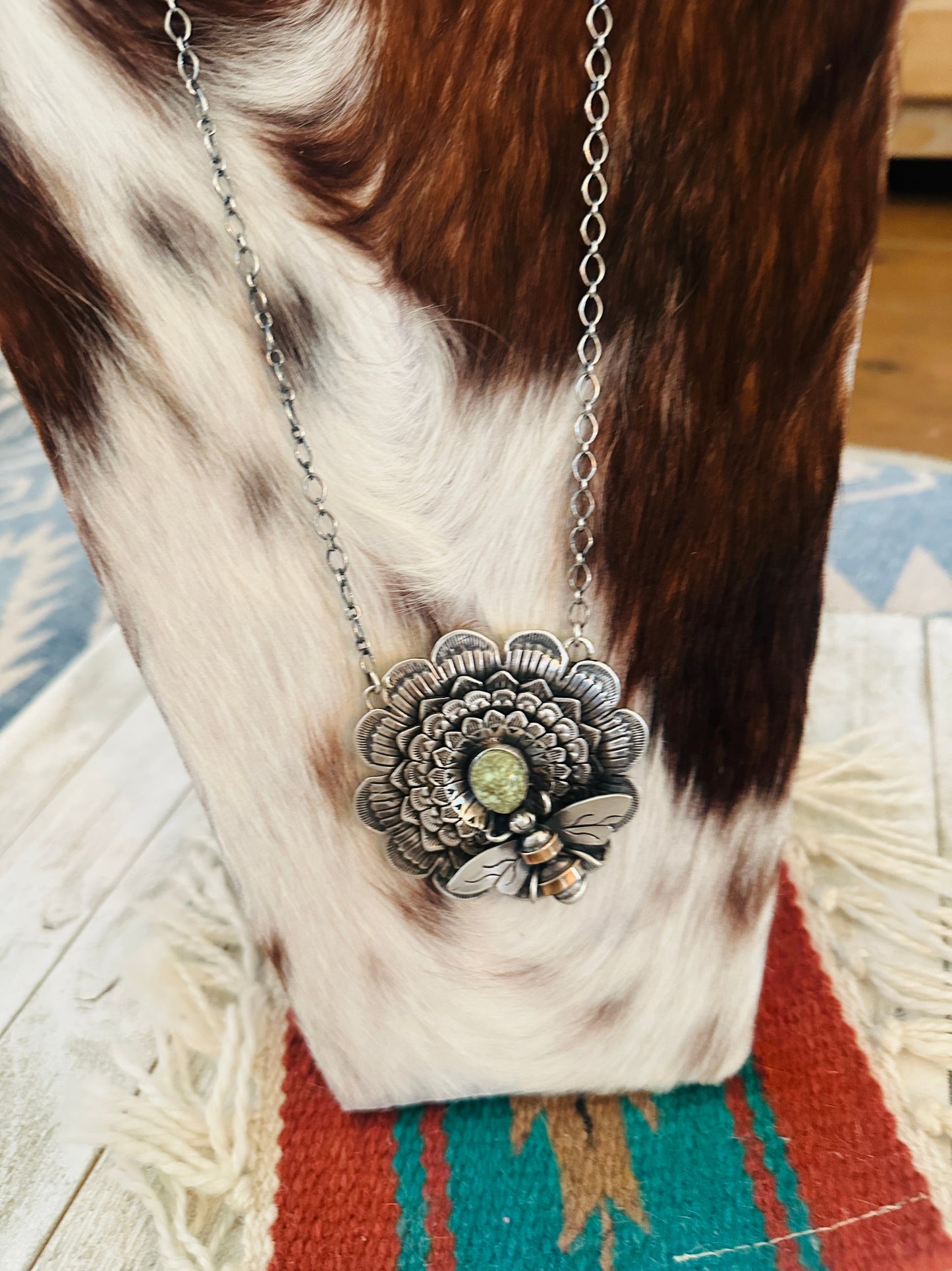 Navajo Sterling Silver and Turquoise Sunflower Necklace with Bee by Russell Sam