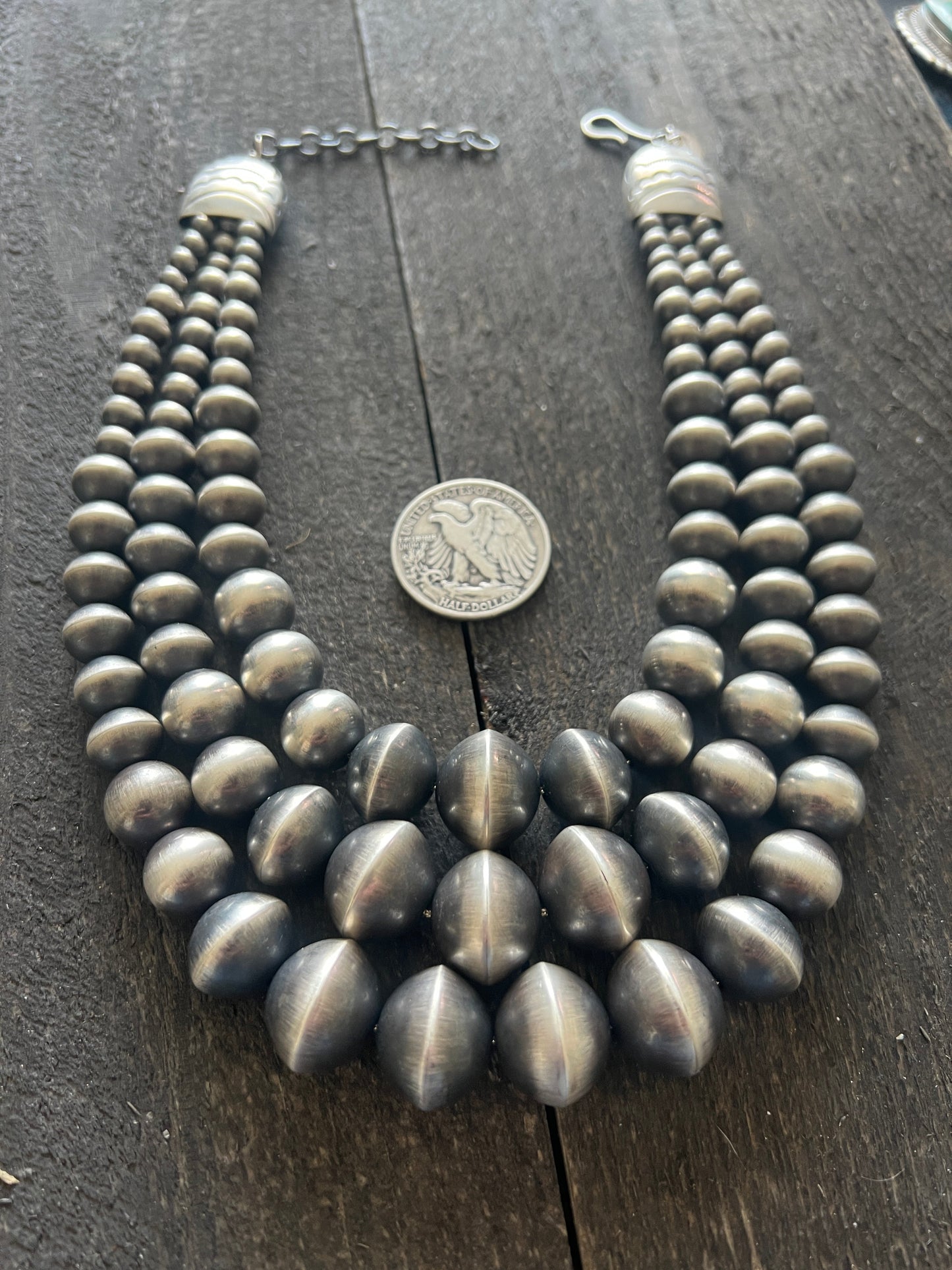 Navajo Sterling Silver Triple Strand Bead Statement Necklace by Rose Martin