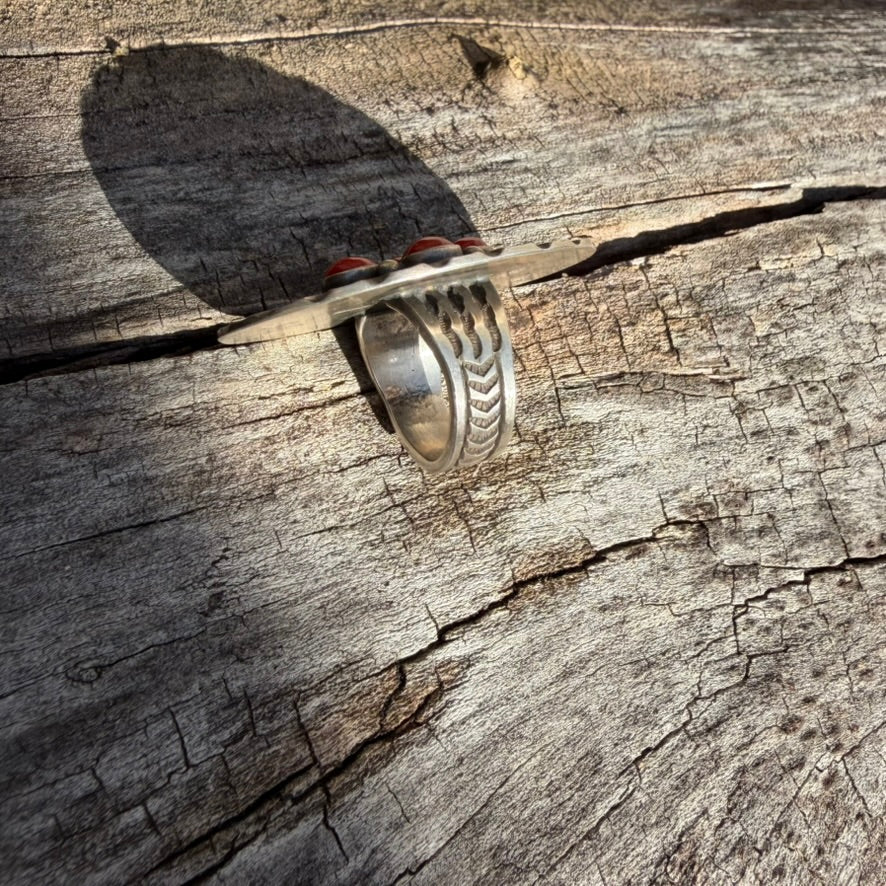 Navajo Sterling Silver Mediterranean Coral Cluster Ring Signed by Calvin Martinez