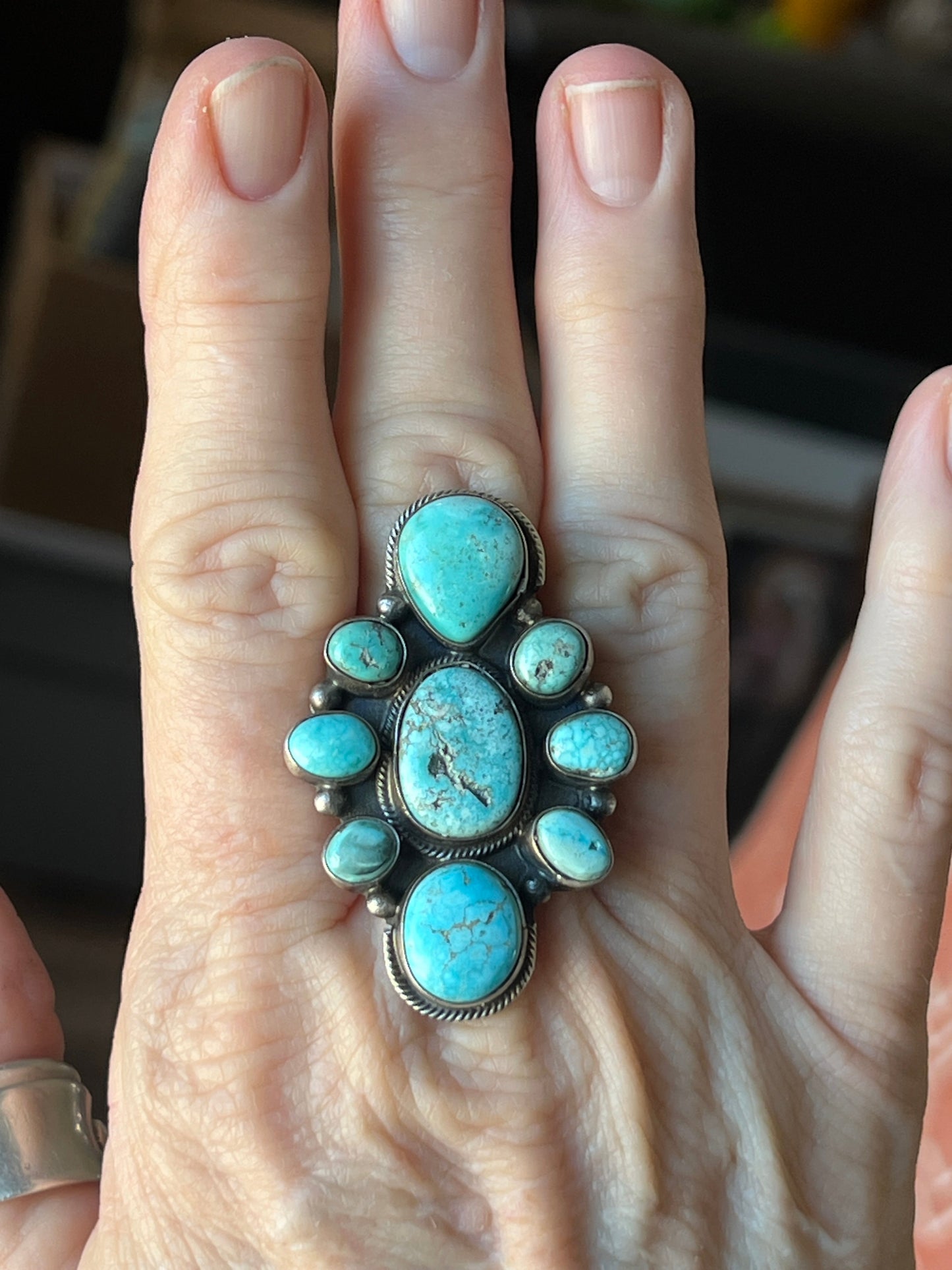 Navajo Sterling Silver and Natural Campitos Turquoise Cluster Ring by Sheila Becenti, Size 8.75