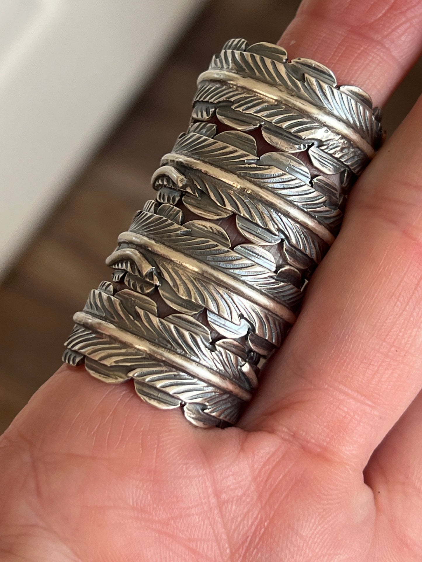 Navajo Sterling Silver Stout Feather Rings with Mediterranean Coral, Signed KM