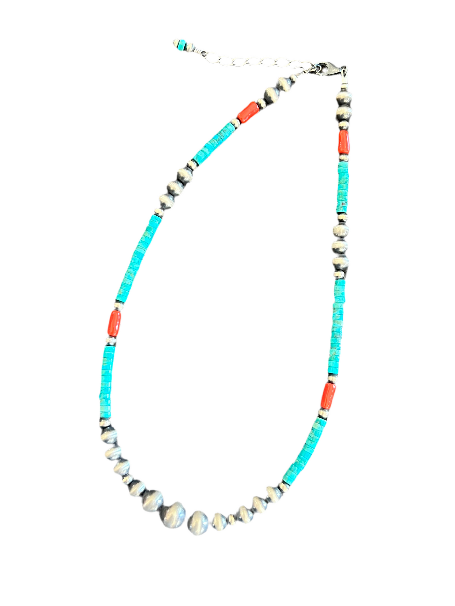 Summer Lovin’ Navajo Beaded Layering Necklace with Sterling Silver, Turquoise and Mediterranean Coral, 14” + 2”, The Beach Cruiser