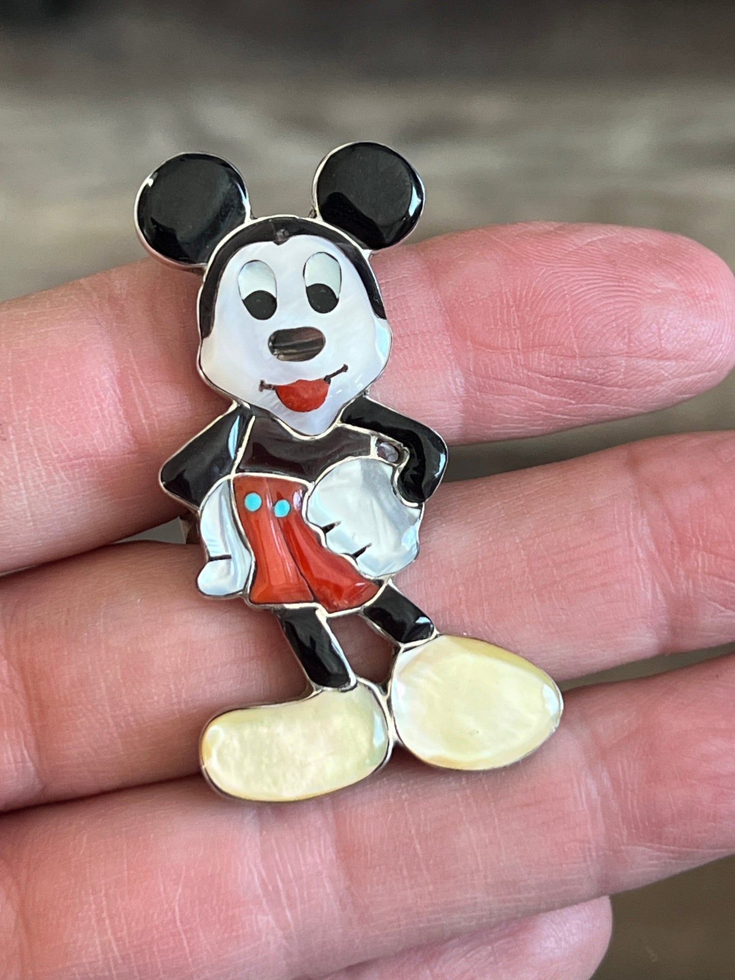 Zuni Made Mickey Mouse Multi Stone Inlay Rings by Don Dewa, Adjustable