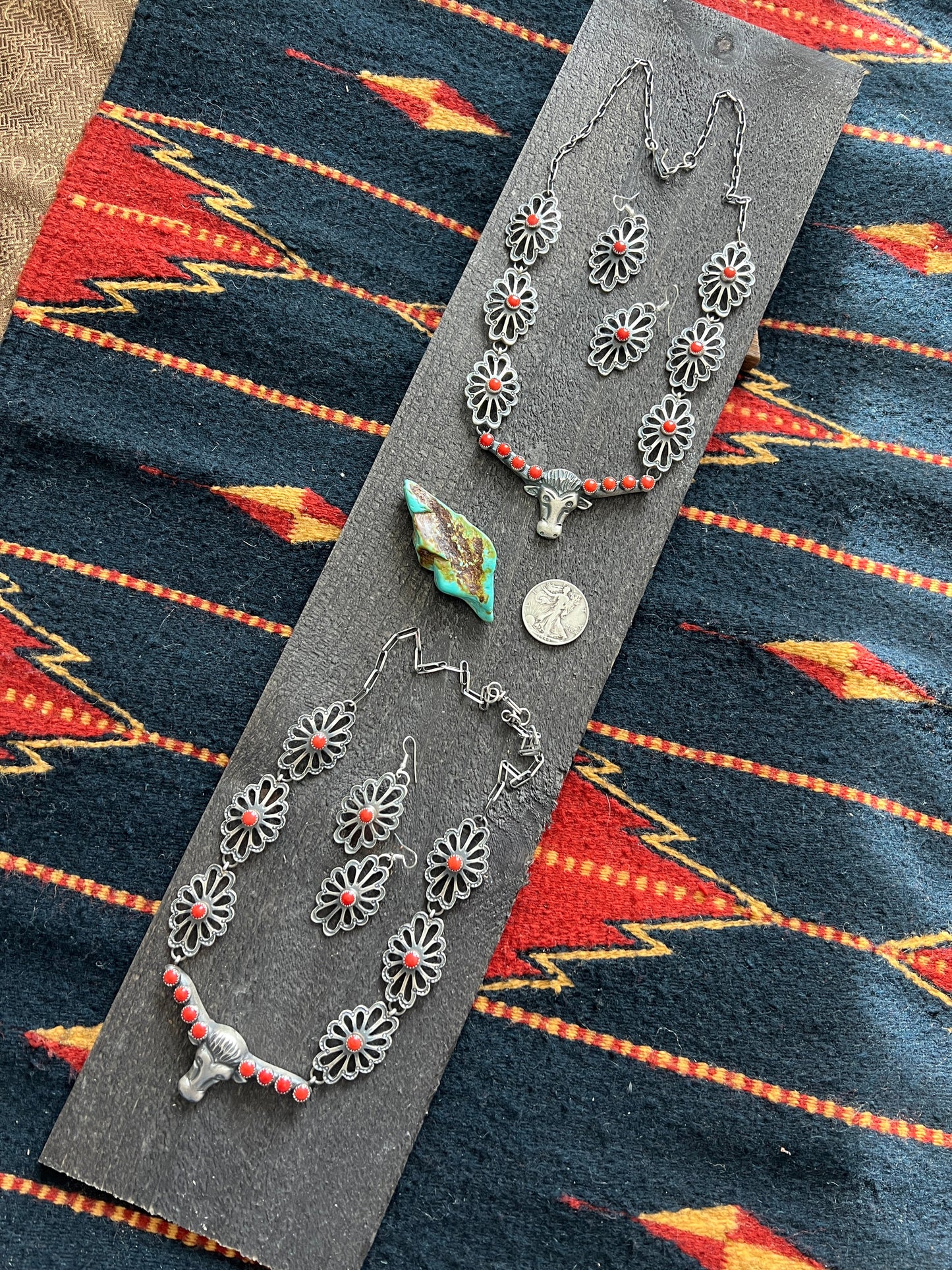 Navajo Sterling Silver and Mediterranean Coral Steer Head Concho Necklace & Earrings by Kevin Billah