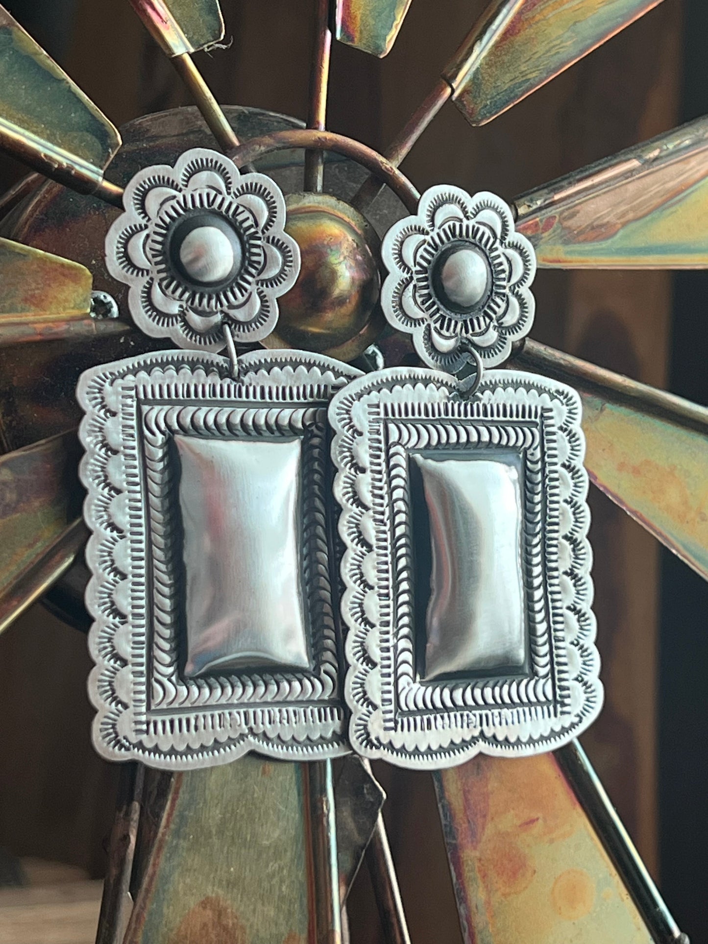 Handmade Navajo Sterling Silver Stamped Repousse Rectangle Earrings by Leander Tahe, R2