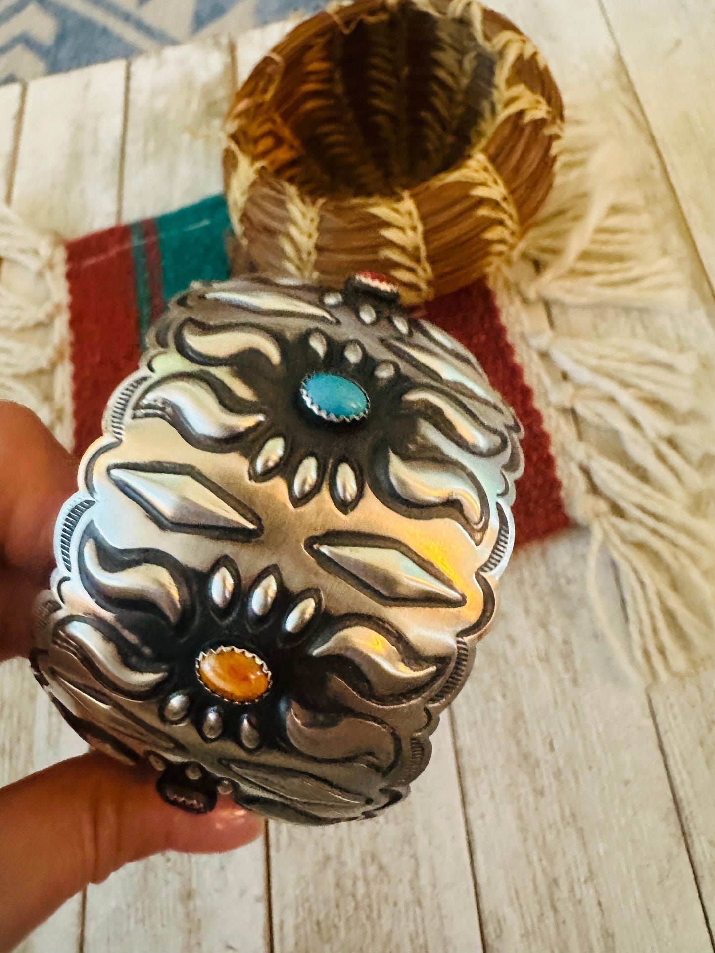 Navajo Sterling Silver, Spiny & Turquoise Bangle Bracelet by Leander Tahe
